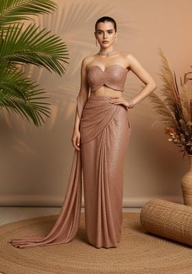 Pink Embroidery Net Pre Stitched Saree Set