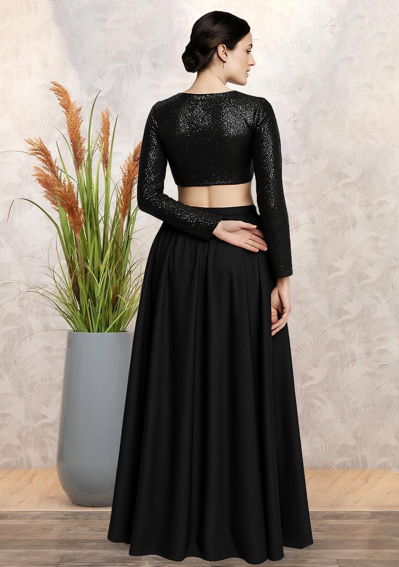 Black Sequins Embroidery Net Skirt Set - Indya