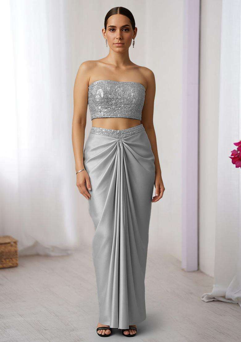 Silver Sequins Embroidery Net Fusion Set - Indya