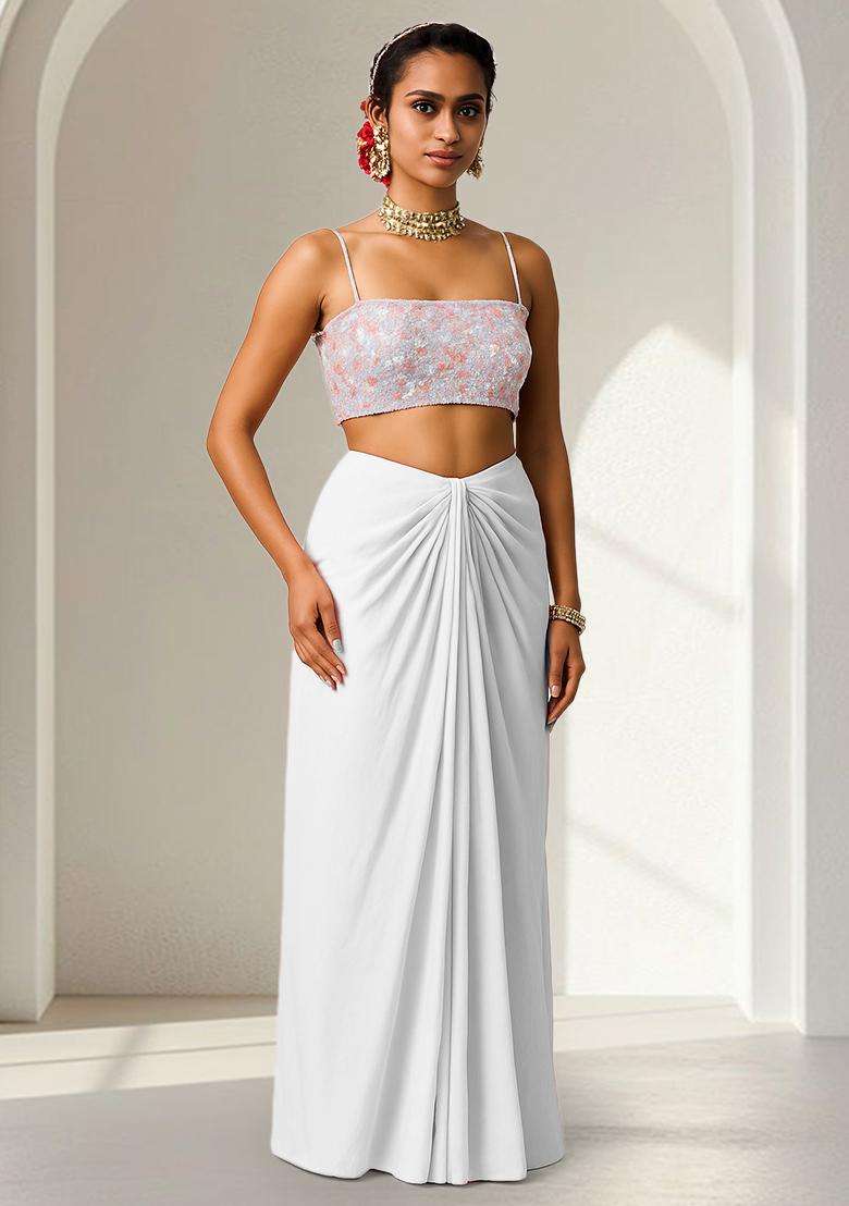 White Sequins Embroidery Net Skirt Set - Indya