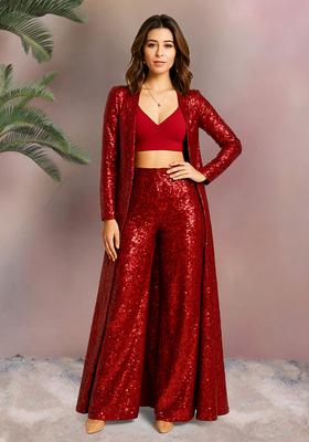 Maroon Sequin Work Net Co Ord Set