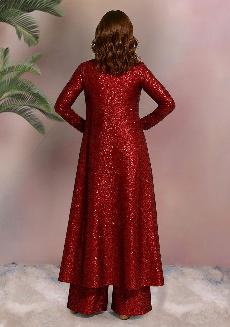 Maroon Sequin Work Net Co Ord Set - Indya