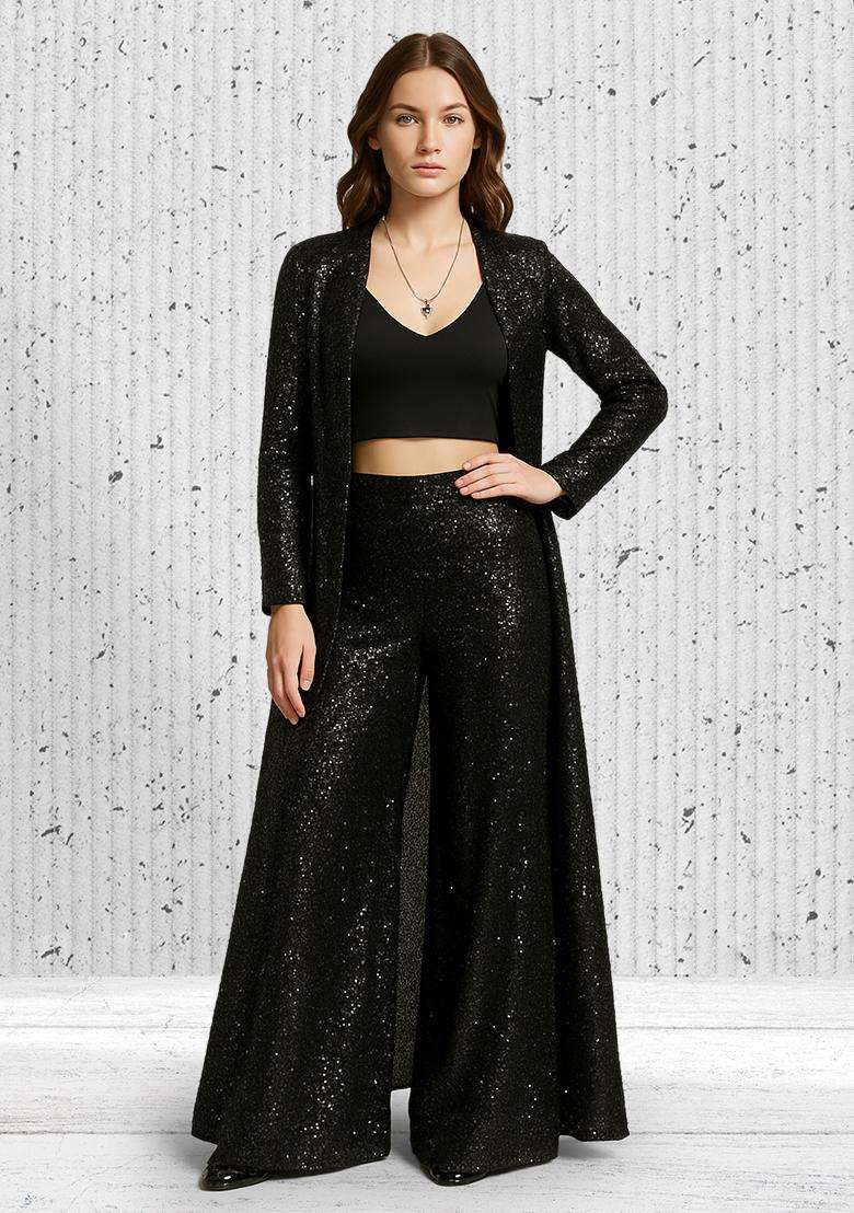 Black Sequin Work Net Co Ord Set - Indya