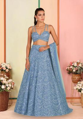 Blue Sequins Embroidery Net Lehenga Set