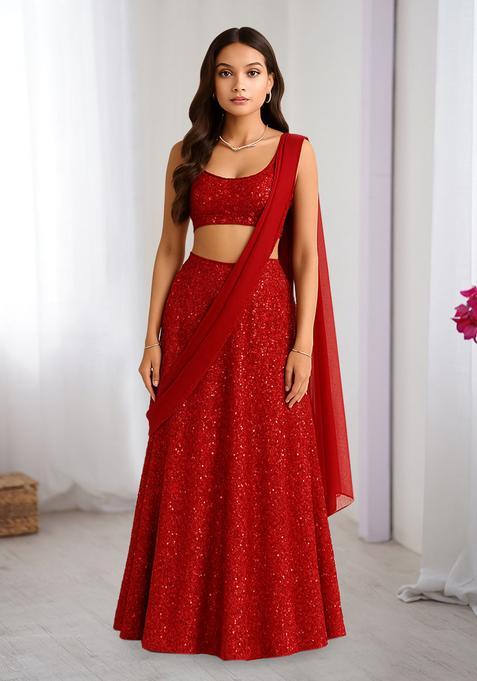 Maroon Sequins Embroidery Net Lehenga Set
