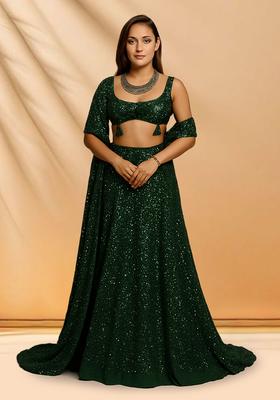 Dark Green Sequins Embroidery Net Lehenga Set