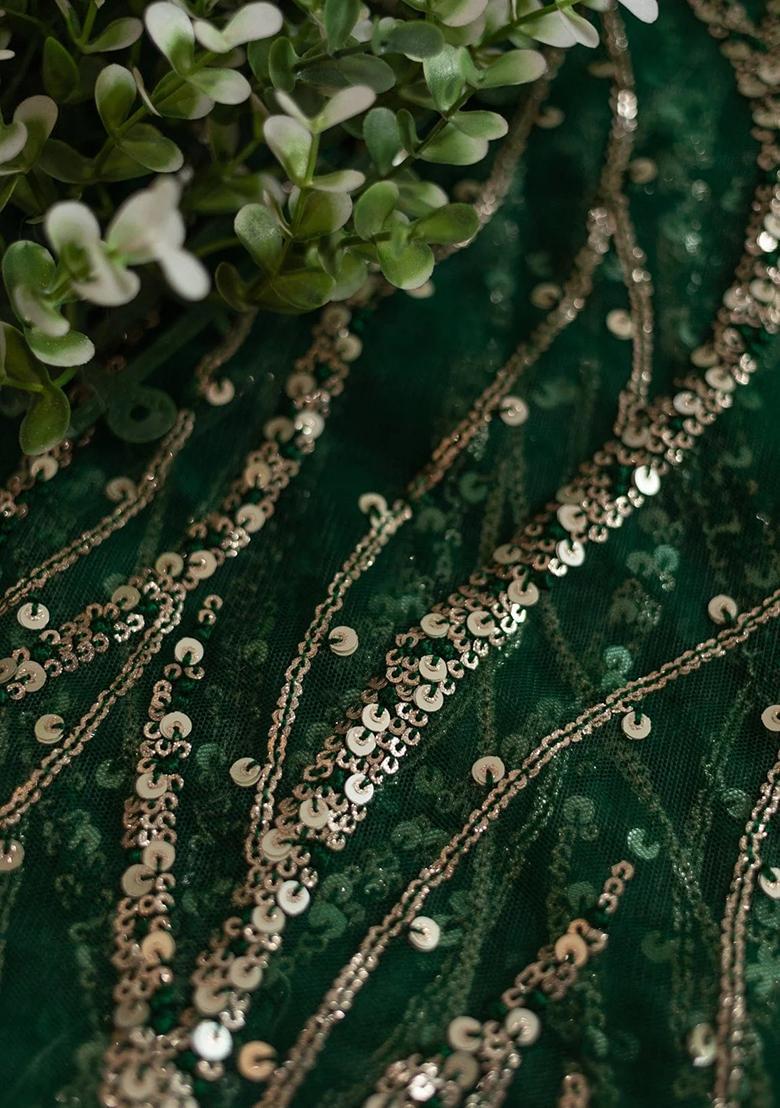 Green Sequins Embroidery Net Pre Draped Saree Set - Indya