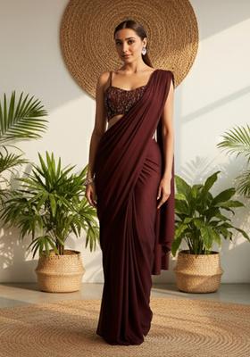 Magenta Sequins Embroidery Net Pre Draped Saree Set