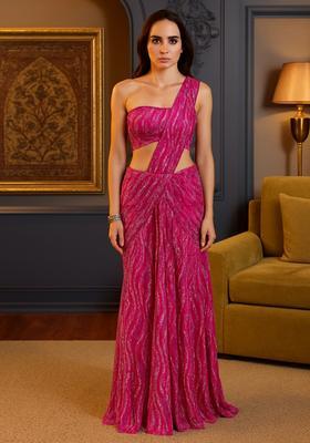 Pink Sequins Embroidery Net Pre Draped Saree Set
