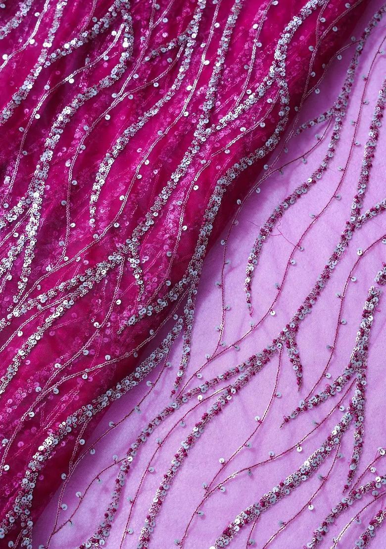 Pink Sequins Embroidery Net Pre Draped Saree Set - Indya