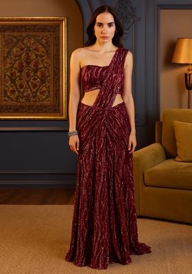 Magenta Sequins Embroidery Net Pre Draped Saree Set