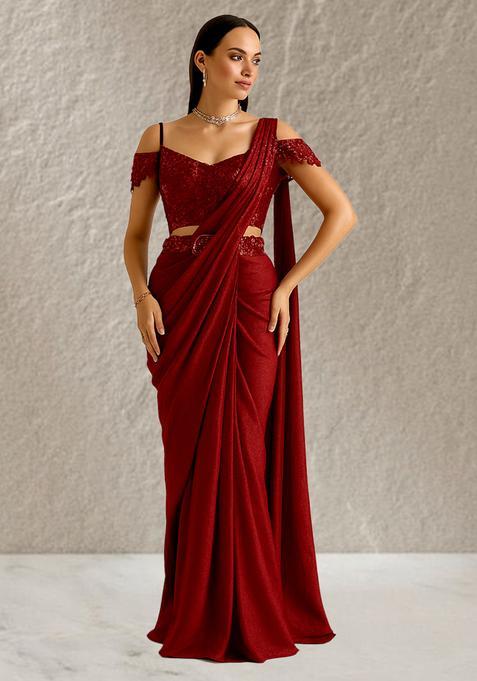 Maroon Sequins Embroidery Net Pre Draped Saree Set