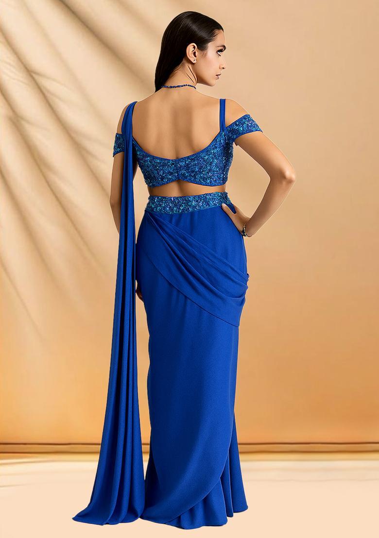 Blue Sequins Embroidery Net Pre Draped Saree Set - Indya