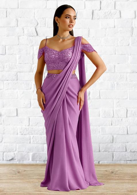 Lavender Sequins Embroidery Net Pre Draped Saree Set