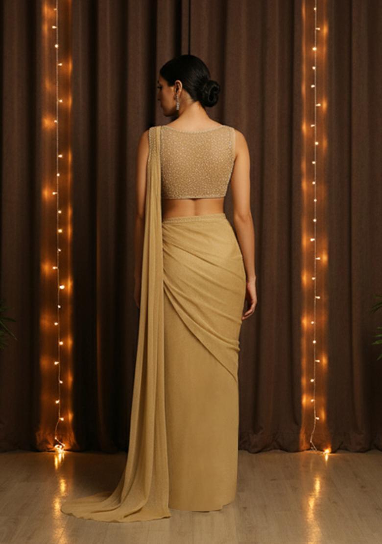 Golden Embroidery With Pearl And Cutdana Net Pre Draped Saree Set - Indya