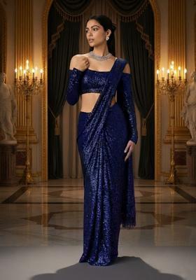 Blue Sequins Embroidery Net Pre Draped Saree Set