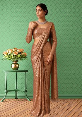 Brown Sequins Embroidery Net Pre Draped Saree Set