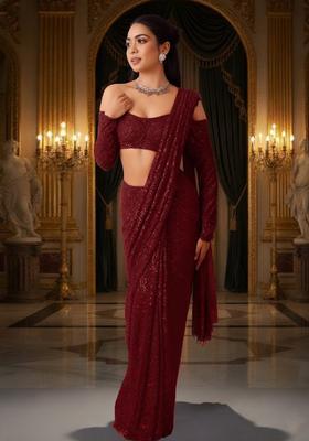 Maroon Sequins Embroidery Net Pre Draped Saree Set