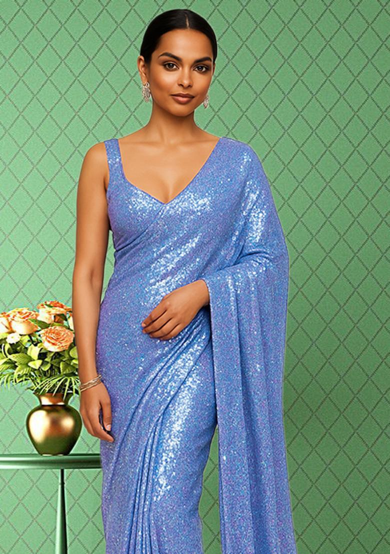 Blue Sequins Embroidery Net Pre Draped Saree Set - Indya