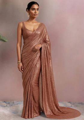 Lt Peach Sequins Embroidery Net Pre Draped Saree Set
