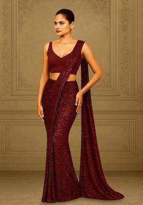 Maroon Sequins Embroidery Net Pre Draped Saree Set