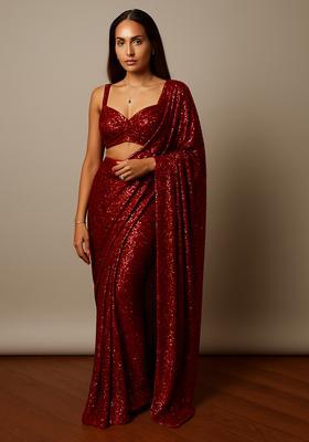 Maroon Sequins Embroidery Net Pre Draped Saree Set