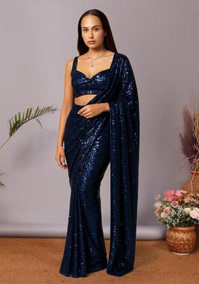 Blue Sequins Embroidery Net Pre Draped Saree Set