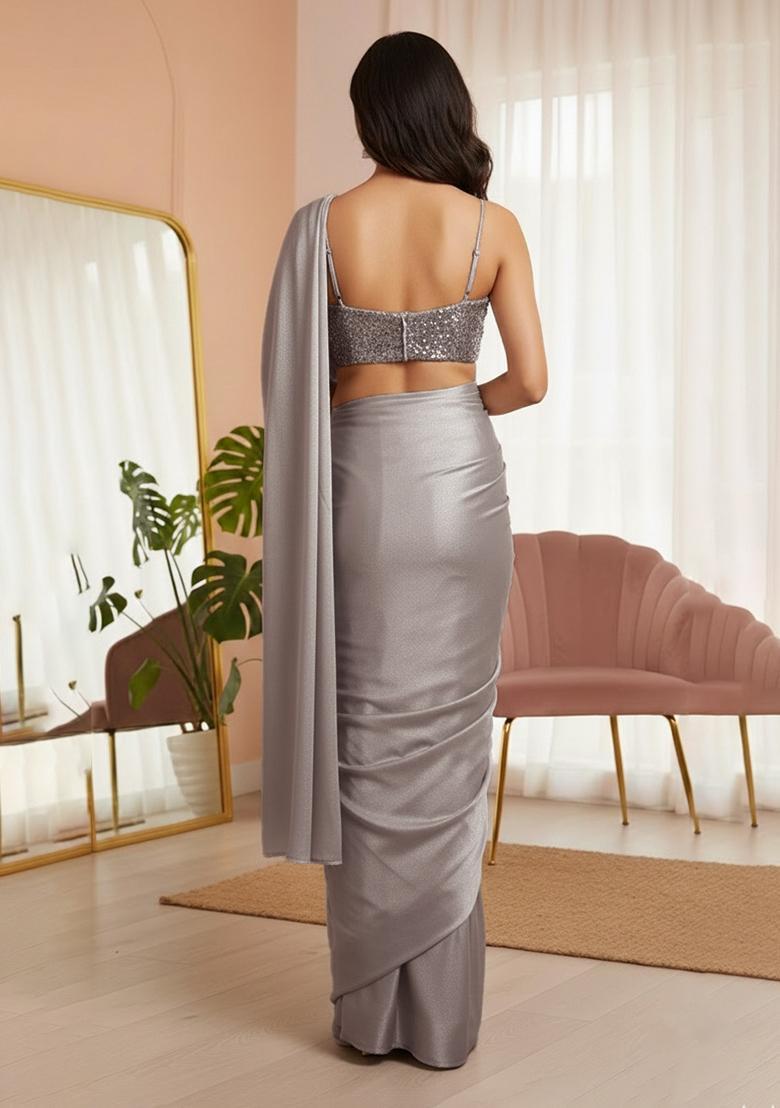 Grey Sequins Embroidery Net Pre Draped Saree Set - Indya