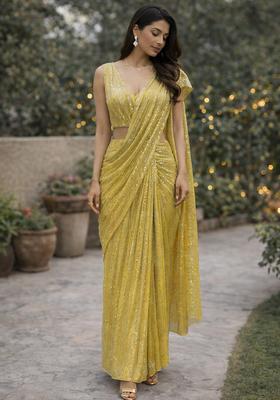 Yellow Sequins Embroidery Net Pre Draped Saree Set