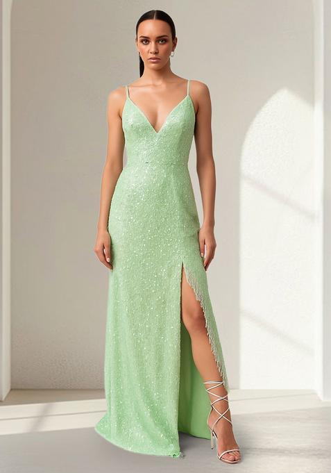Pista Green Sequin Net Gown