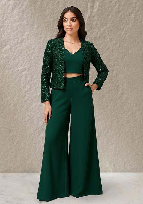 Dark Green Sequin Net Fusion Set