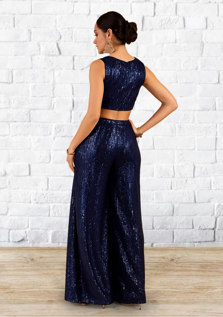 Dark Blue Sequin Net Fusion Set - Indya
