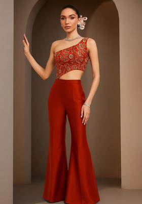 Red Floral Print Crepe Fusion Set