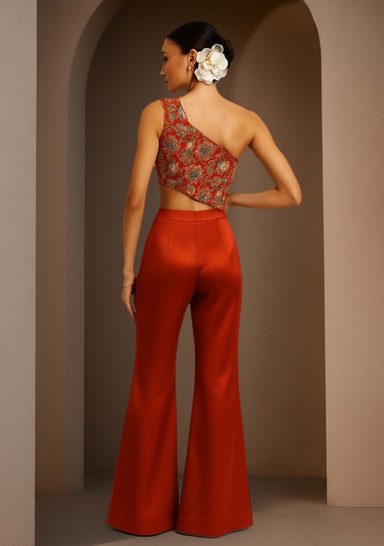 Red Floral Print Crepe Fusion Set - Indya