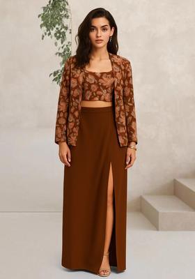 Mustard Embroidered Crepe Fusion Set