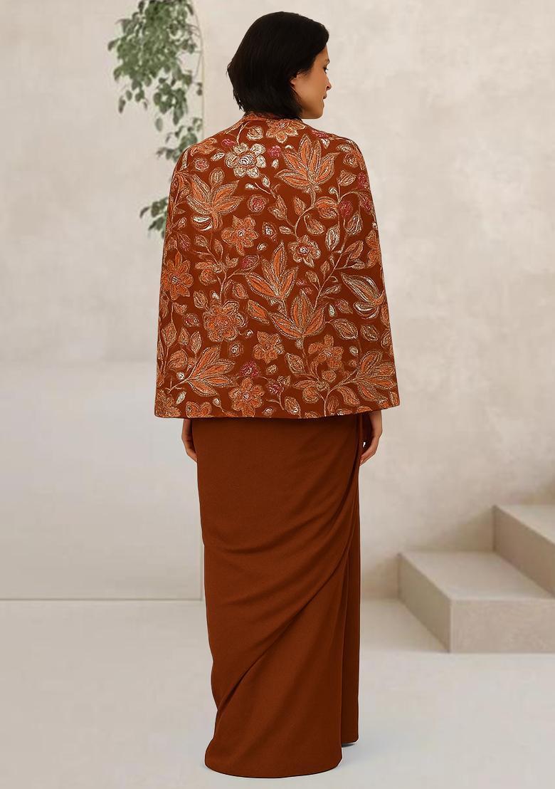Mustard Embroidered Crepe Fusion Set - Indya