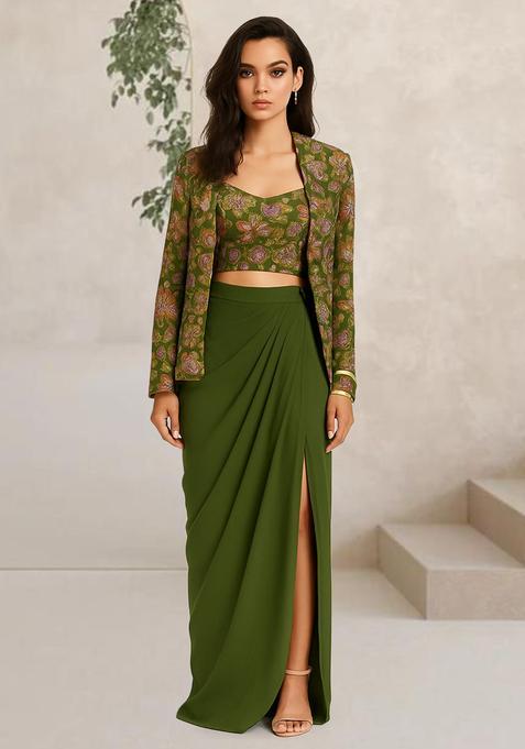 Green Embroidered Crepe Fusion Set
