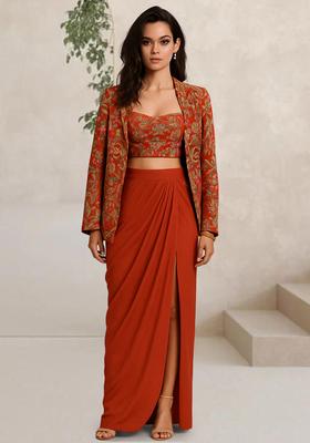 Red Floral Print Crepe Fusion Set
