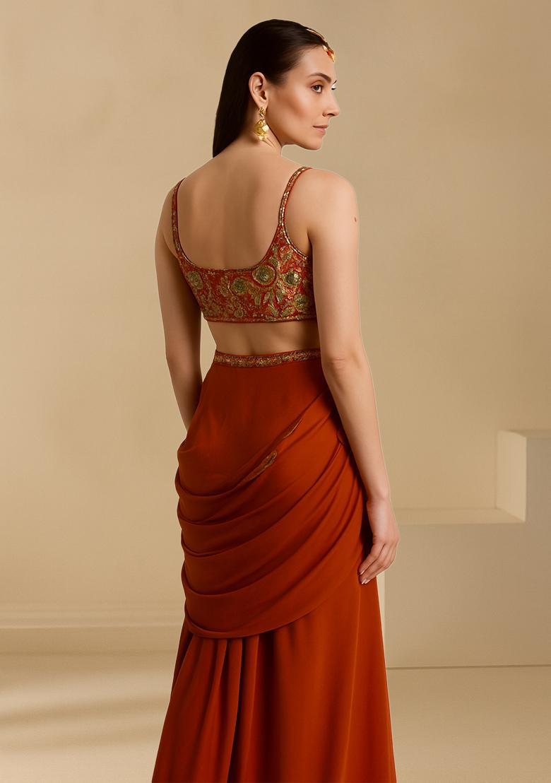 Red Floral Print Crepe Fusion Set - Indya