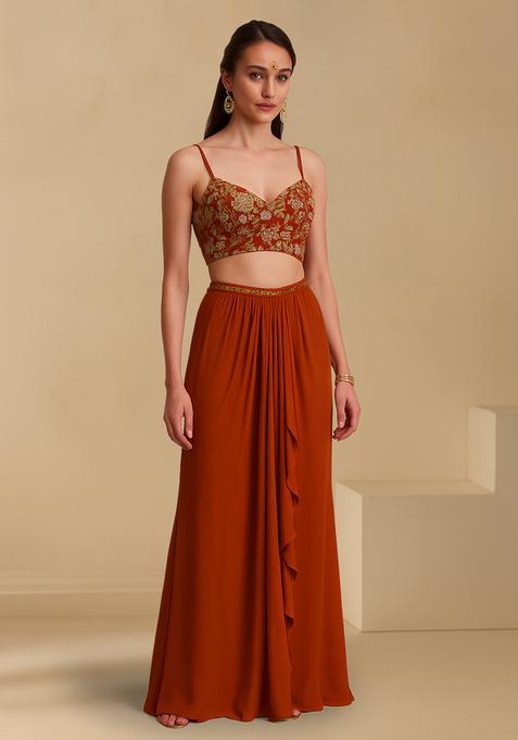 Red Floral Print Crepe Fusion Set