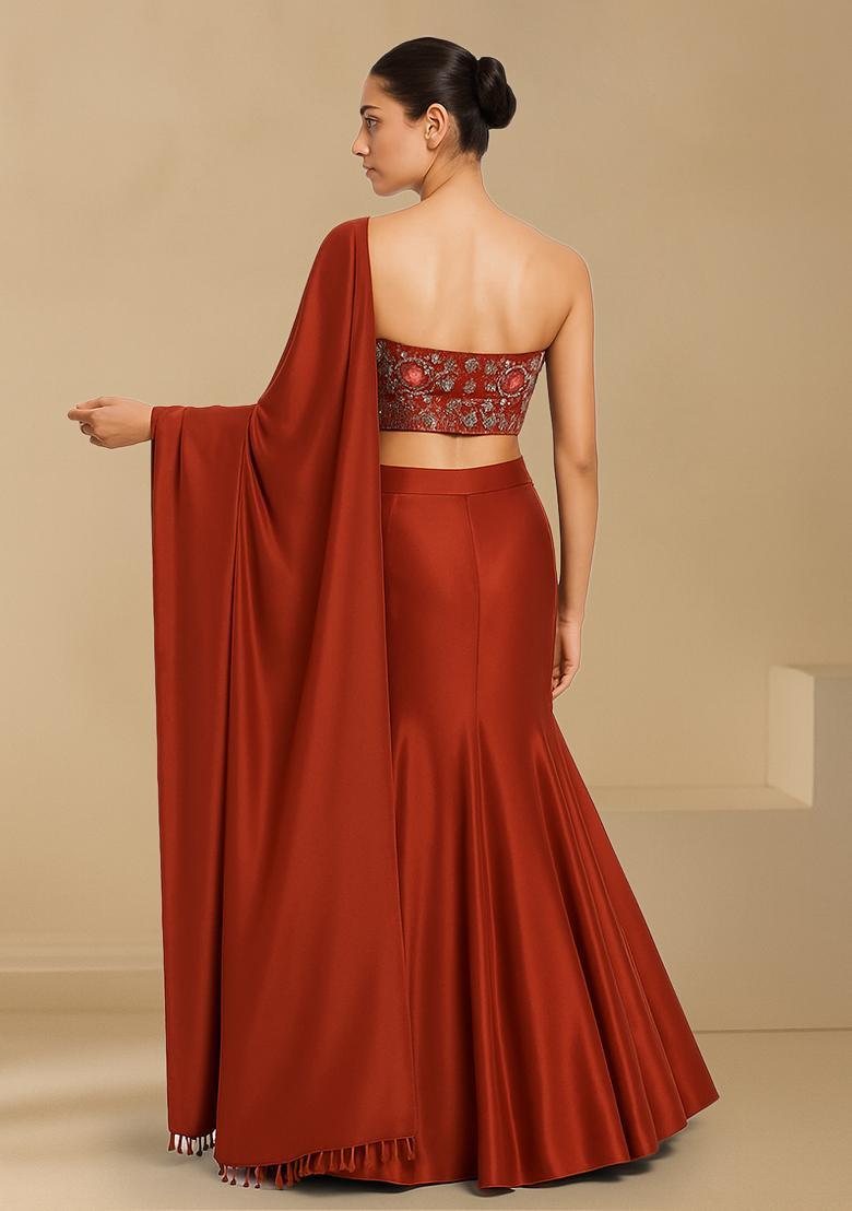 Red Floral Print Crepe Lehenga Set - Indya