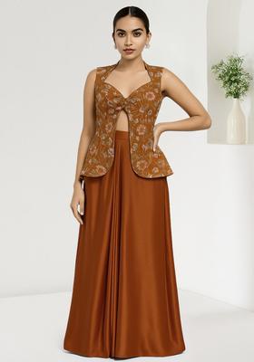 Mustard Embroidered Crepe Fusion Set
