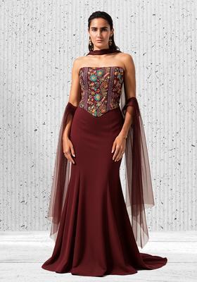 Multicolour Embroidered Crepe Fusion Set