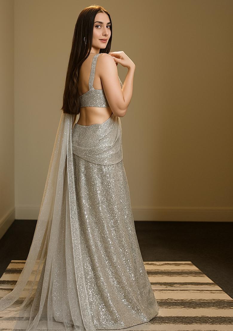 Grey Sequin Net Pre Draped Saree Set - Indya