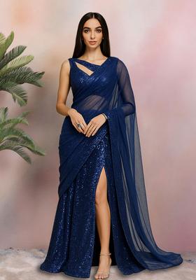 Blue Sequin Net Pre Draped Saree Set
