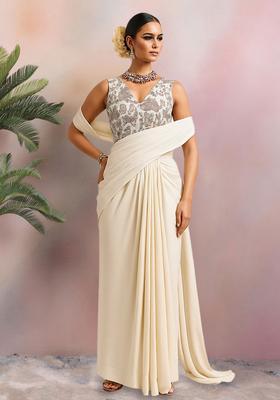 Multicolour Embroidered Silk Blend Pre Draped Saree Set