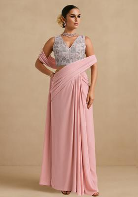 Multicolour Embroidered Silk Blend Pre Draped Saree Set