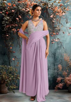 Multicolour Embroidered Silk Blend Pre Draped Saree Set