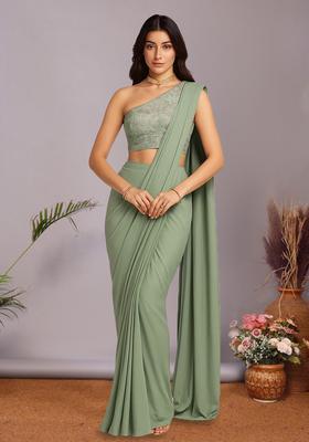 Multicolour Embroidered Silk Blend Pre Draped Saree Set
