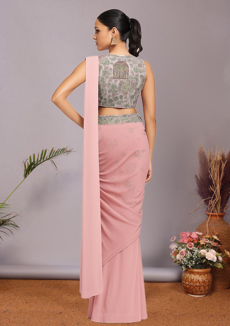 Multicolour Embroidered Silk Blend Pre Draped Saree Set - Indya